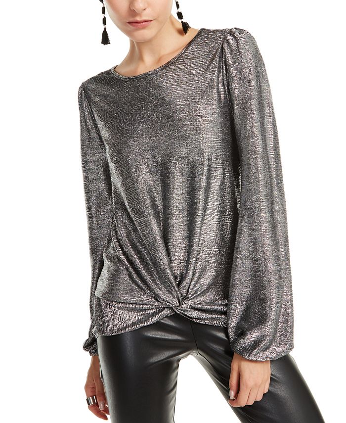 INC International Concepts Women's Long Sleeve Crew Neck Party Top Silver Size Medium