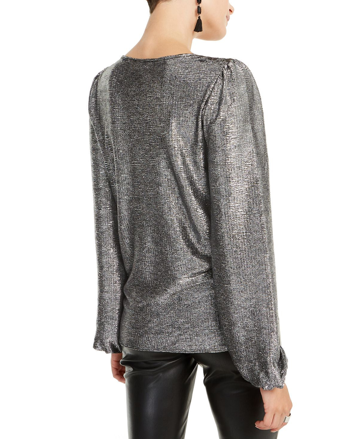 INC International Concepts Women's Long Sleeve Crew Neck Party Top Silver Size Medium