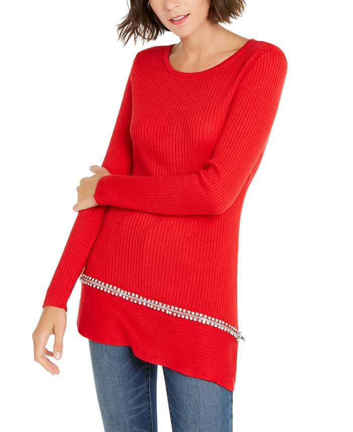 INC International Concepts Women's Asymmetrical Embellished Tunic Red Size X-Small