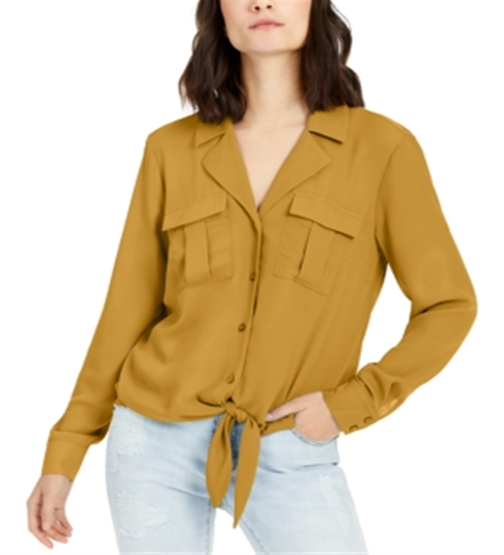 INC International Concepts Women's Utility Mixed Media Button Down Top Yellow Size Large