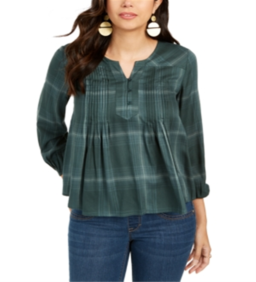 Style & Co Women's Plaid Split Neck Top Green Size X-Small