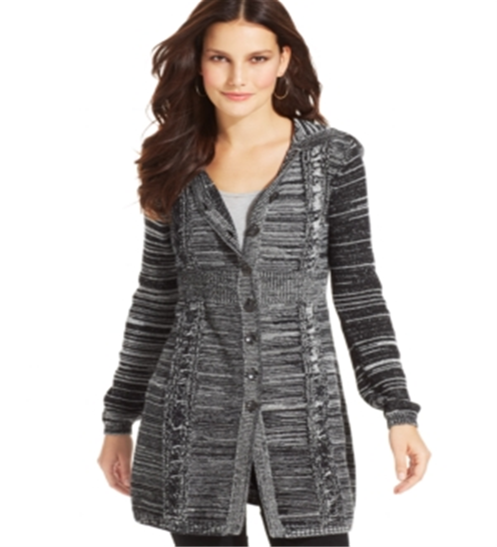 Style & Co Women's Marled Cable Knit Hooded Cardigan Black Size XL