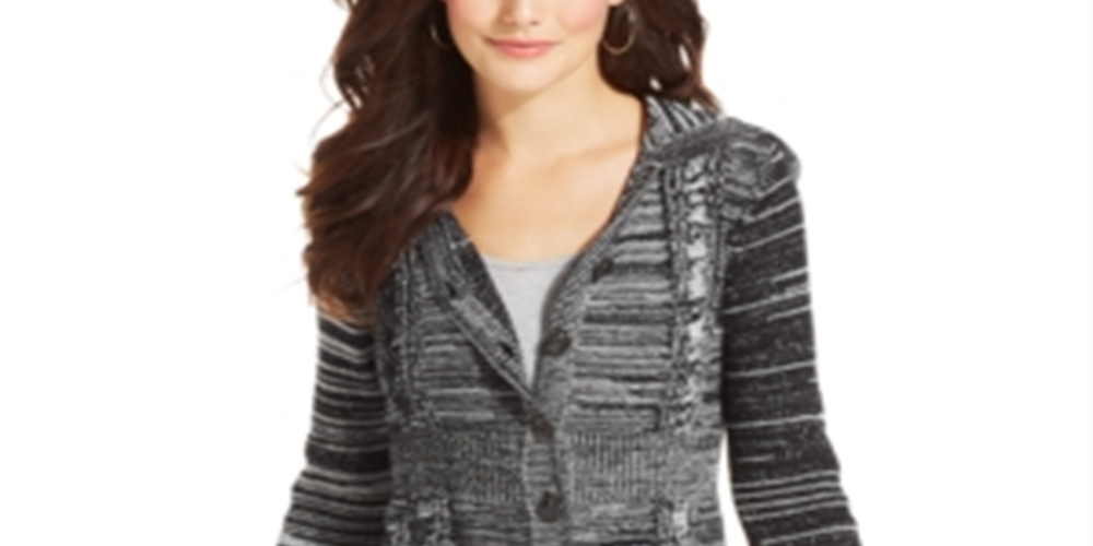 Style & Co Women's Marled Cable Knit Hooded Cardigan Black Size XL