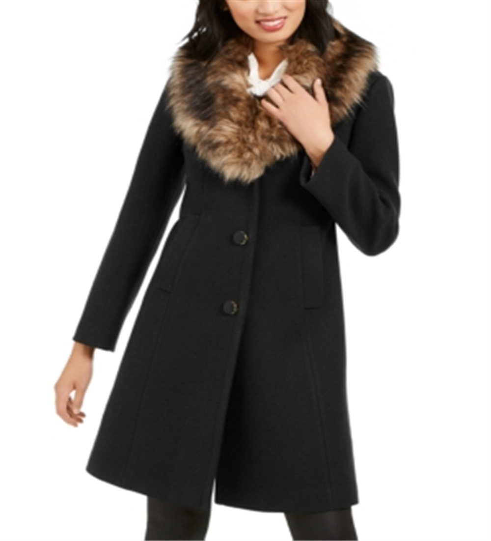 Kate Spade New York Women's Faux Fur Trim Coat Black Size X-Small