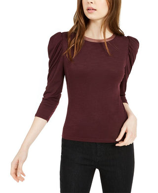 Bar III Women's Mesh Trim Puff Sleeve Top Red Size X-Small