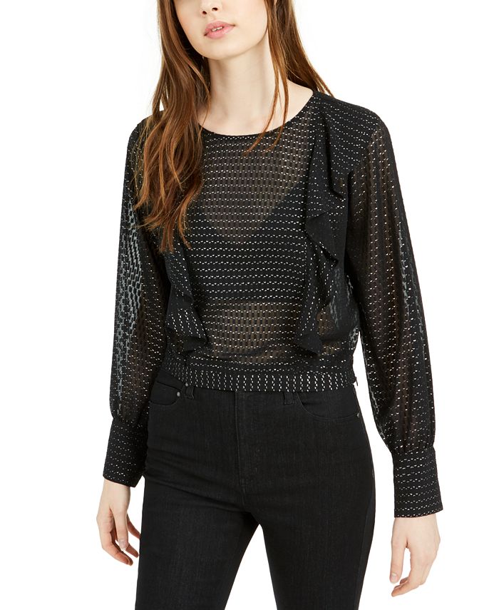 Bar III Women's Ruffled Metallic Dot Blouson Sleeve Top Black Size 2XS