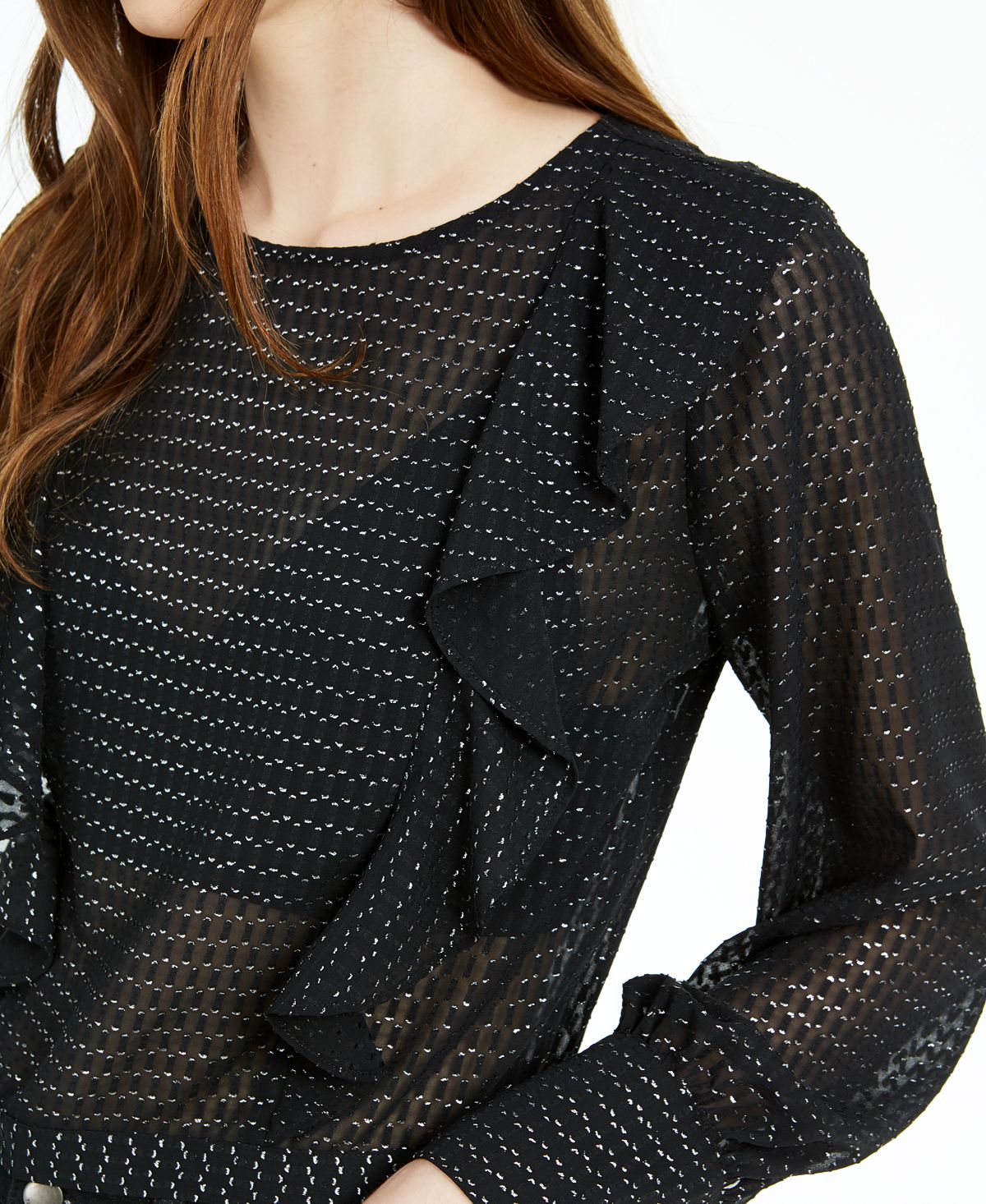 Bar III Women's Ruffled Metallic Dot Blouson Sleeve Top Black Size 2XS