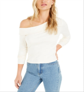 Bar III Women's Long Sleeve Asymmetrical Neckline Top White Size Large