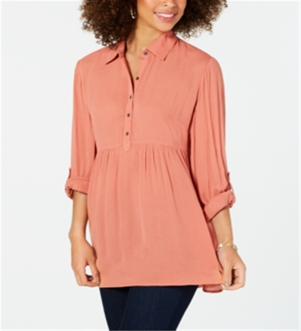 Style & Co Women's Roll Sleeve Oversized Shirt Orange Size X-Large