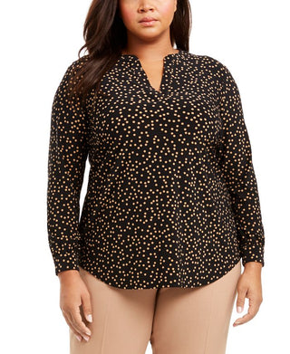 Anne Klein Women's Dot Split Neck Knit Pullover Blouse Black Size 0X