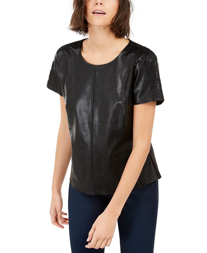 INC International Concepts Women's Faux Leather T-Shirt Black Size Small