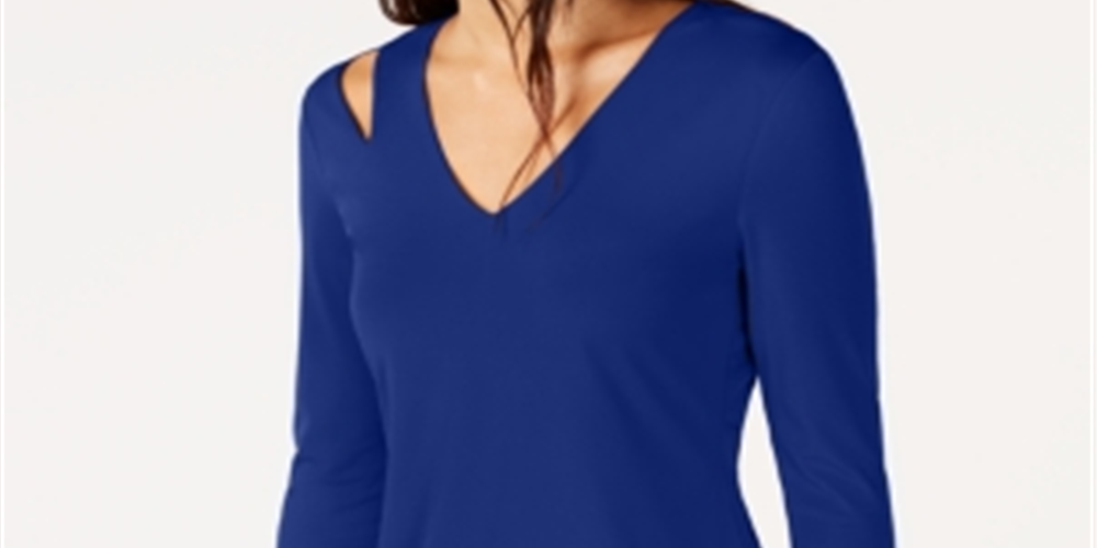 INC International Concepts Women's Cut Out V Neck Pullover Top Blue Size Small