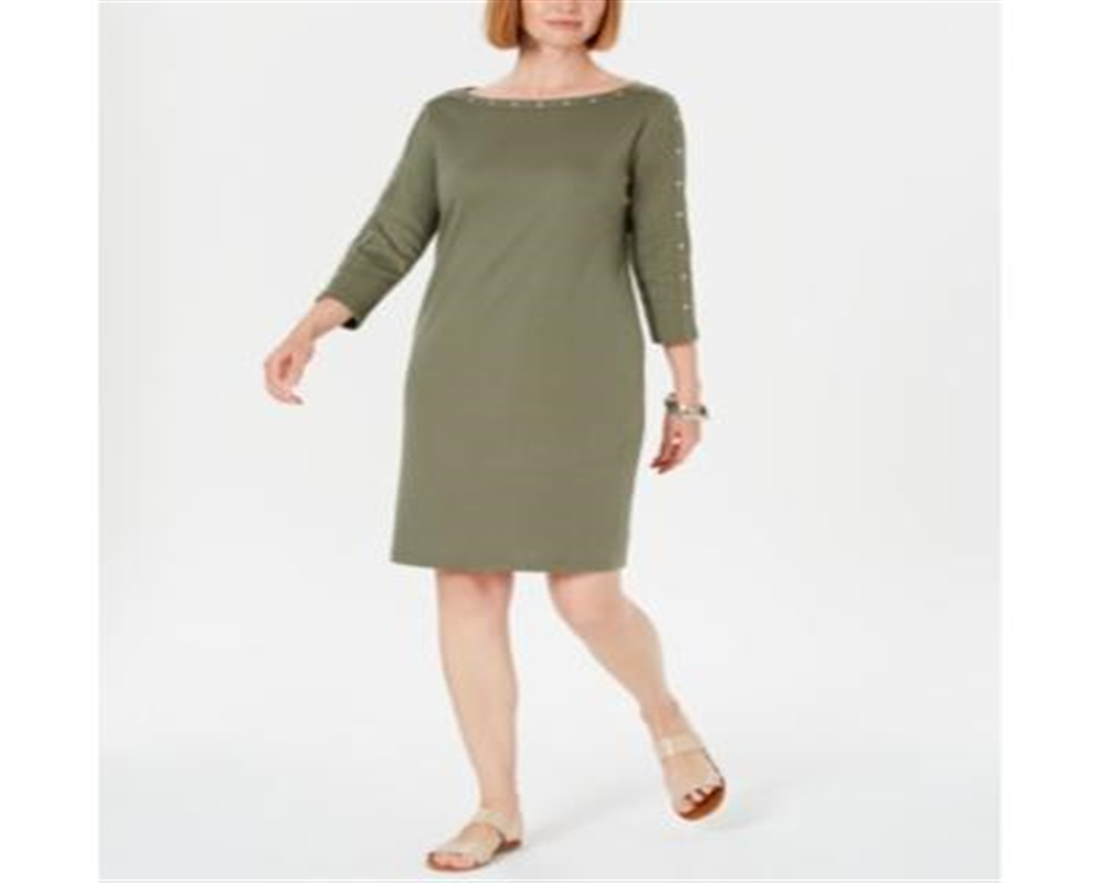 Karen Scott Women's Boat Neck Studded Dress Green Size Petite Medium