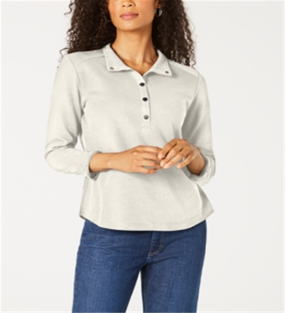 Karen Scott Women's Solid & Printed Collared Top White Size Petite L