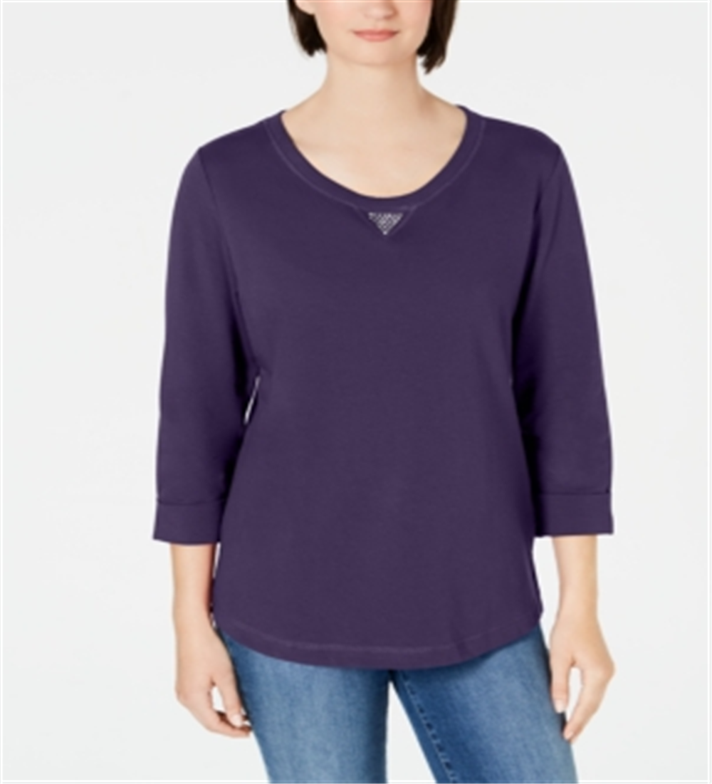 Karen Scott Women's Sport Cotton Studded 3/4 Sleeve Sweatshirt Purple Size Large