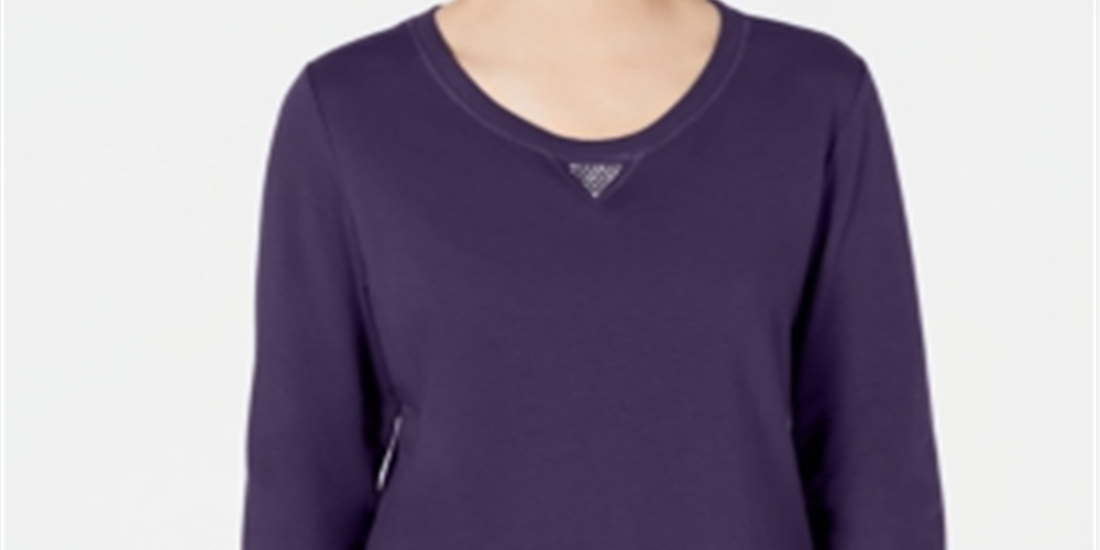 Karen Scott Women's Sport Cotton Studded 3/4 Sleeve Sweatshirt Purple Size Large