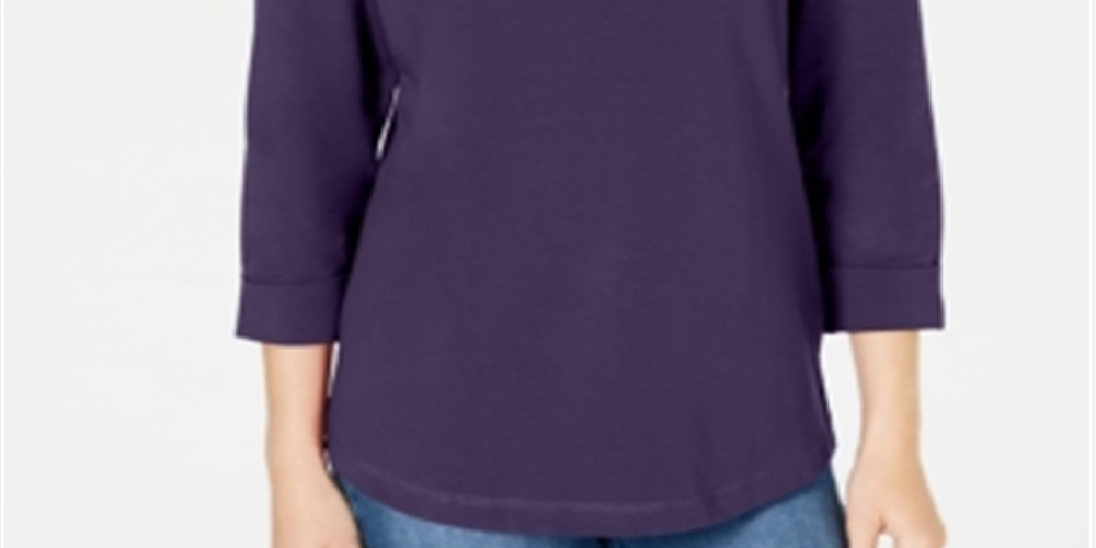 Karen Scott Women's Sport Cotton Studded 3/4 Sleeve Sweatshirt Purple Size Large