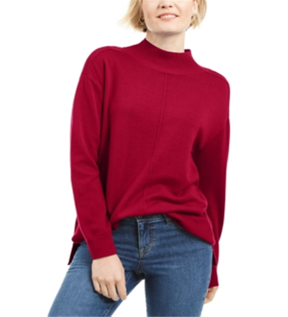 Karen Scott Women's Seam Detail Cotton Mock Neck Sweater Red Size X-Large