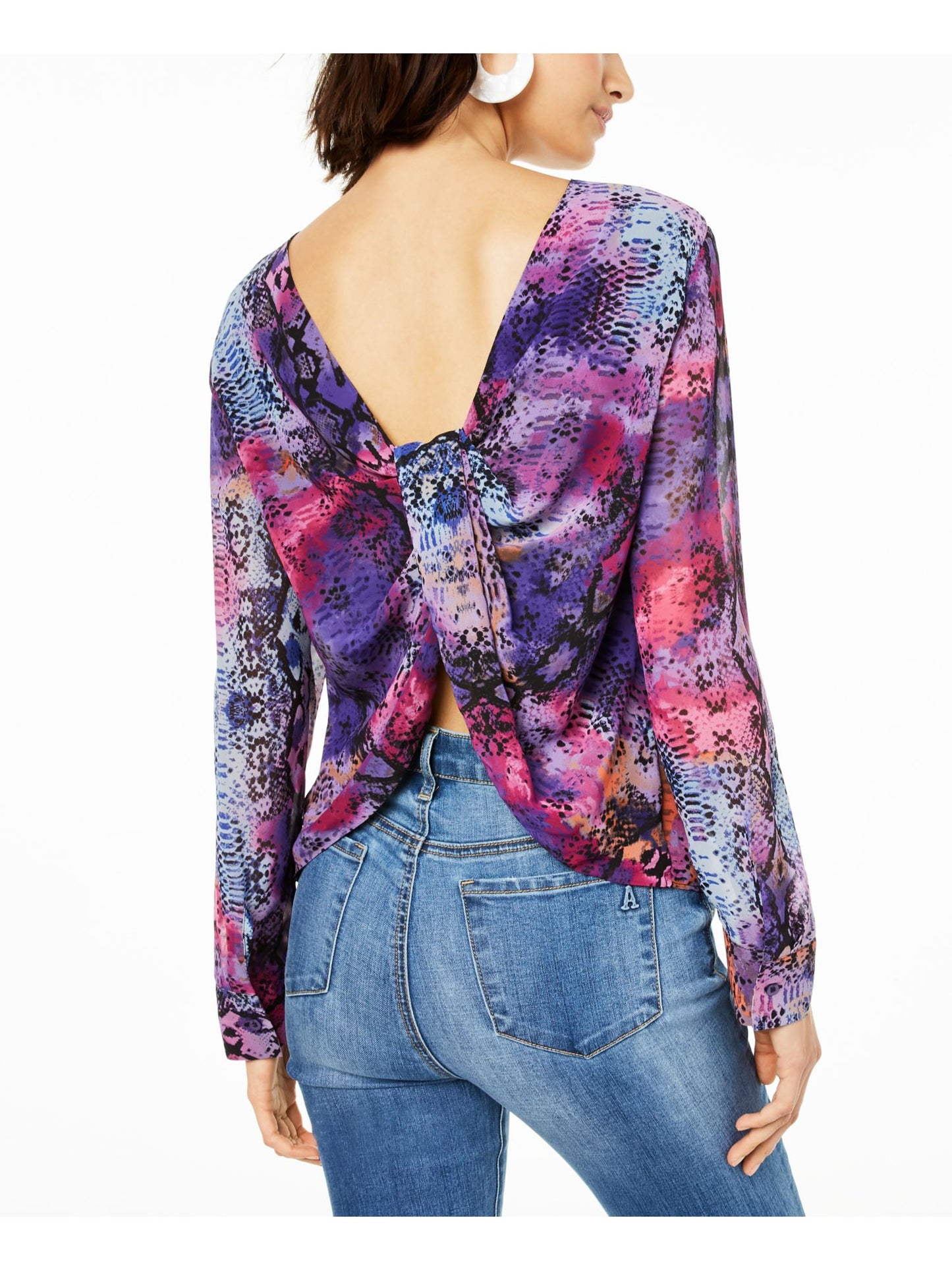 Bar III Women's Printed Long Sleeve Jewel Neck Blouse Purple Size X-Small