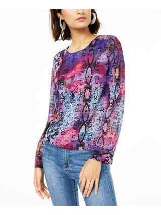 Bar III Women's Printed Long Sleeve Jewel Neck Blouse Purple Size X-Small