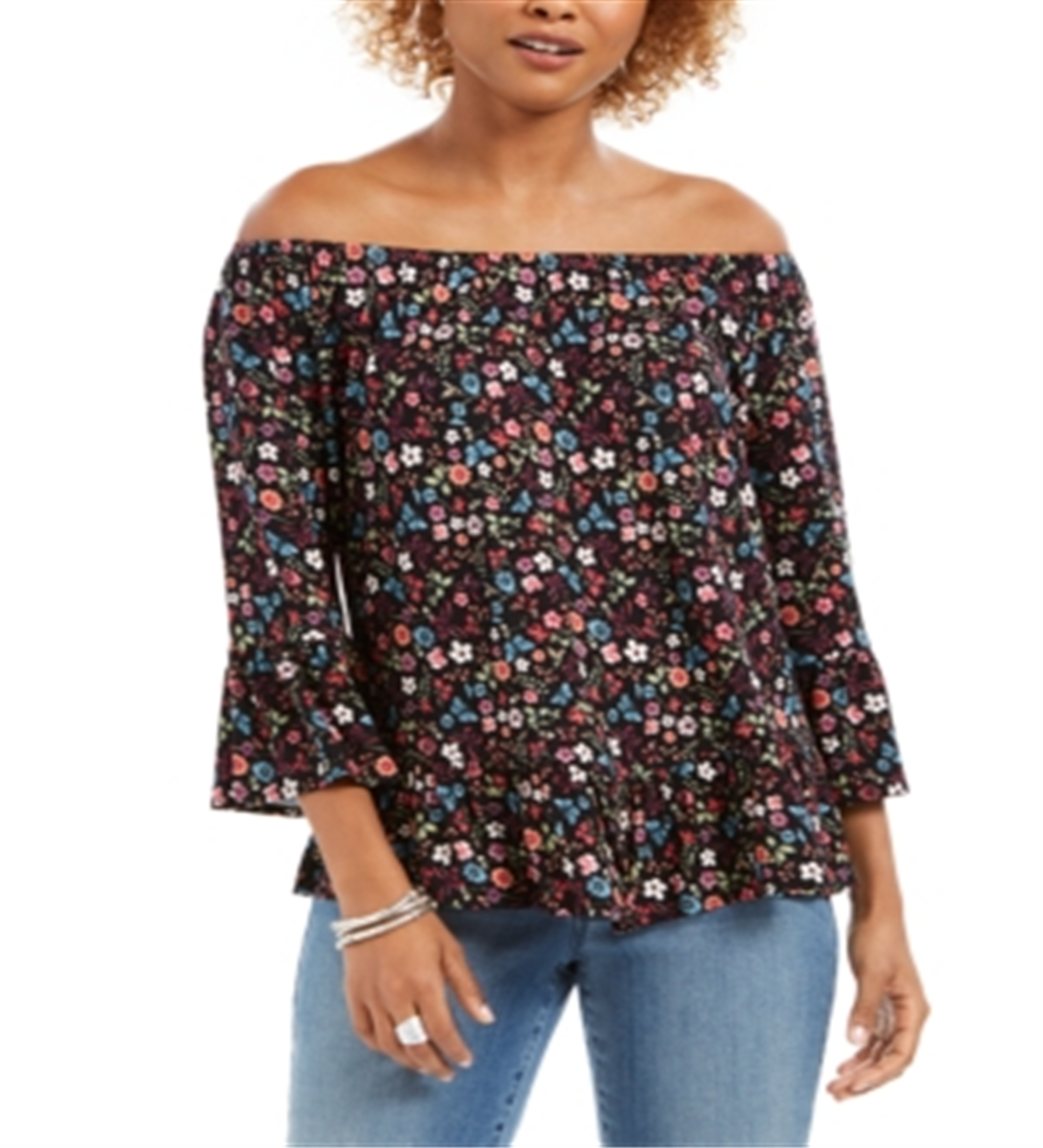 Style & Co Women's Off the Shoulder Printed Top Black Size Large