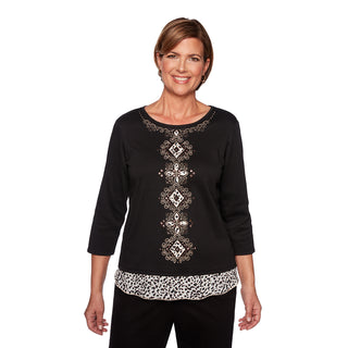 Alfred Dunner Women's Tunics Animal Print & Medallion Top Black Size Petite X-Large