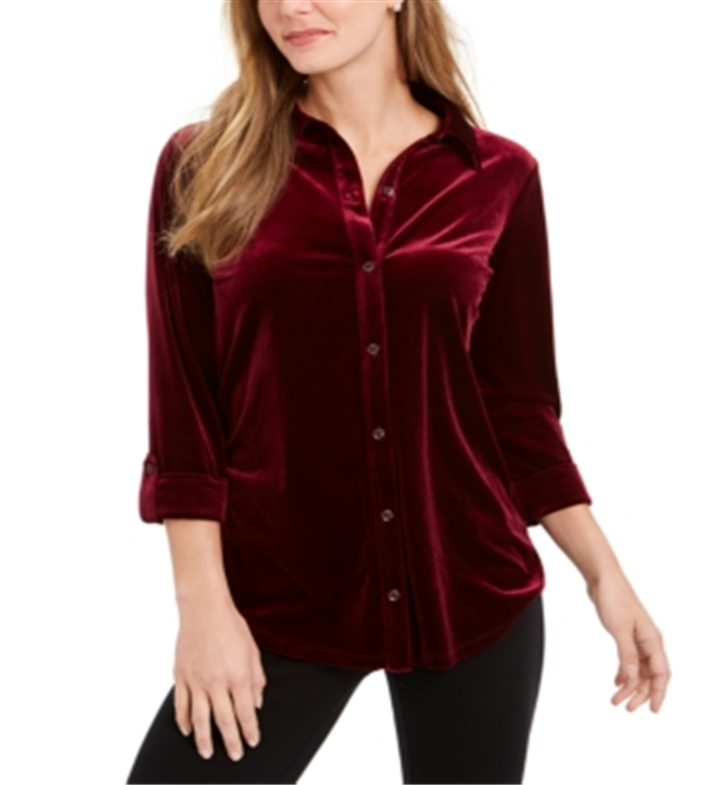 Charter Club Women's Button Front Velvet Top Wine  Size Petite L