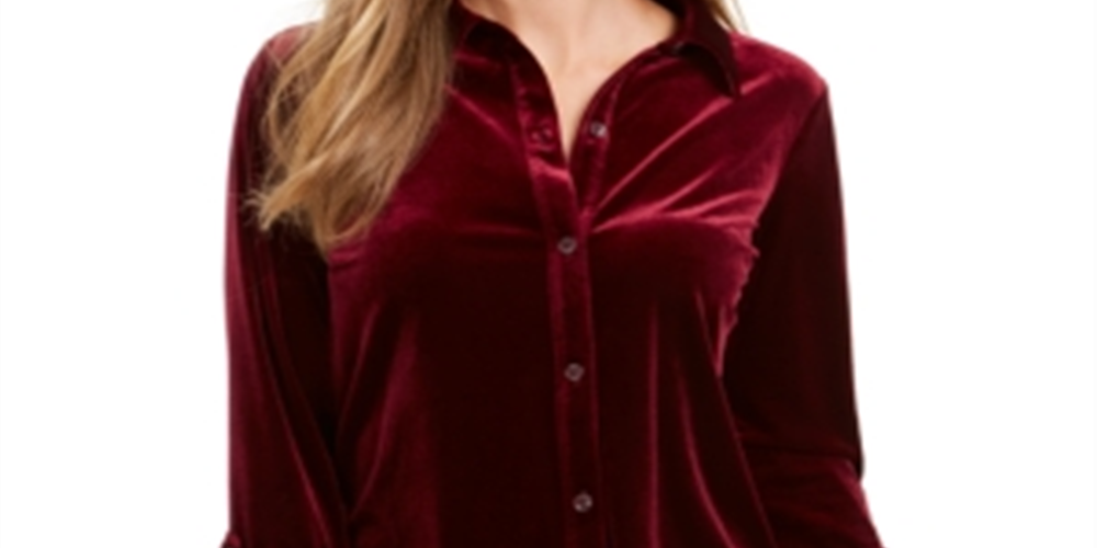 Charter Club Women's Button Front Velvet Top Wine  Size Petite L