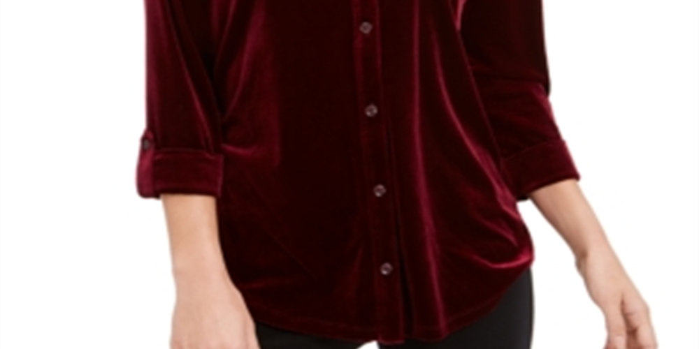 Charter Club Women's Button Front Velvet Top Wine  Size Petite L