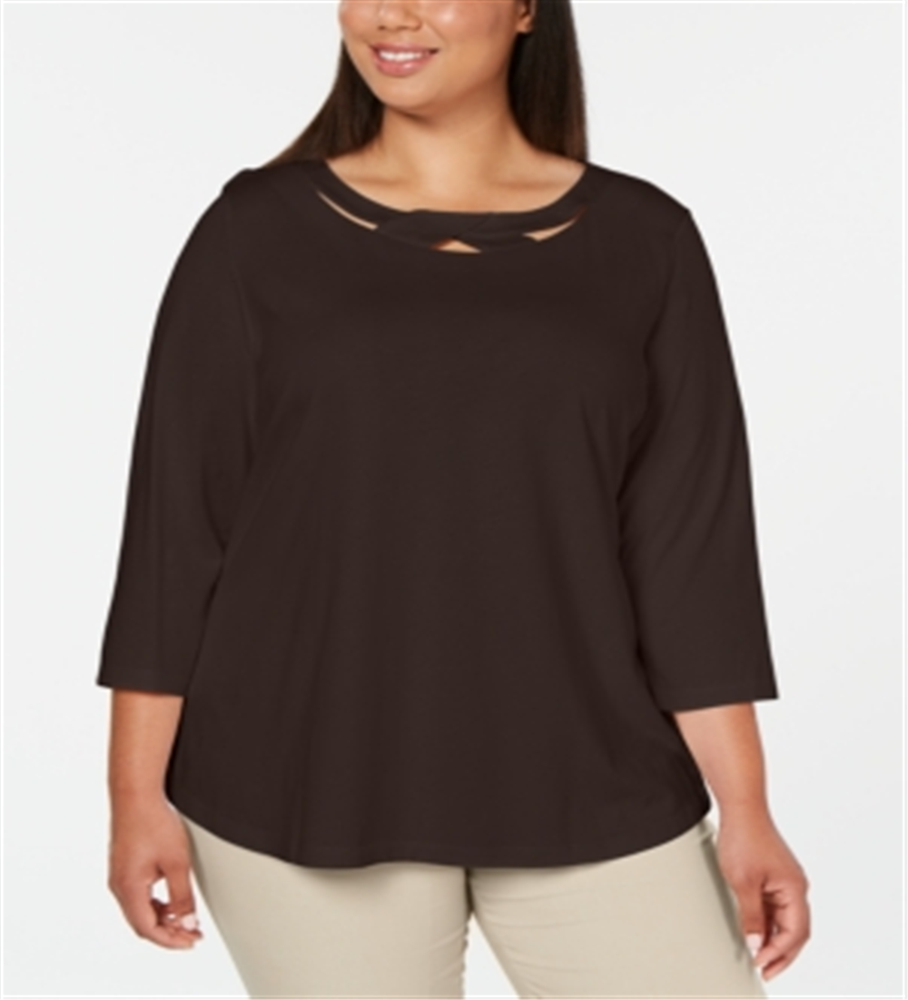 Karen Scott Women's 3/4 Sleeve Cutout Top Brown Size 1X