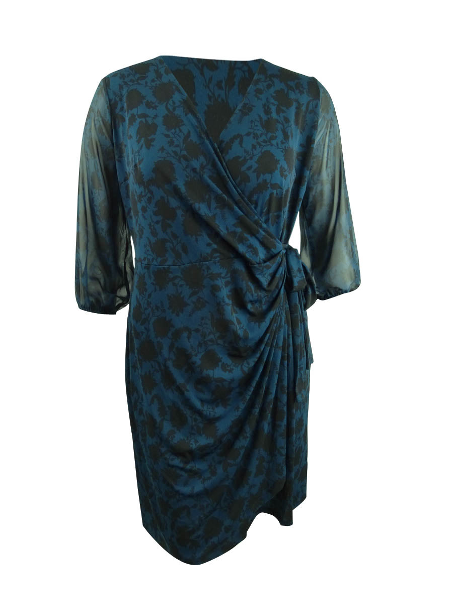 INC International Concepts Women's Shadow Floral Wrap Dress Blue Size 1X