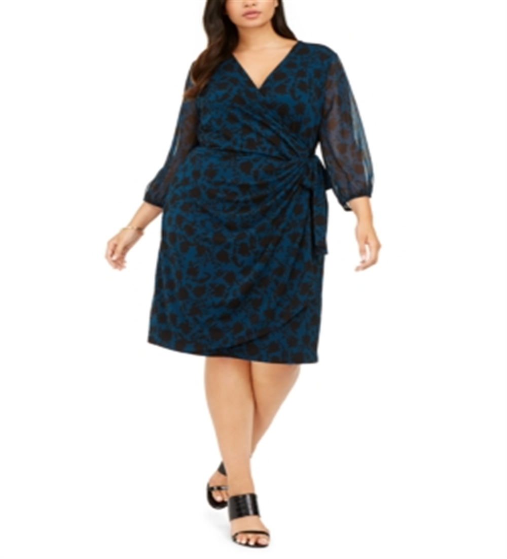 INC International Concepts Women's Shadow Floral Wrap Dress Blue Size 1X