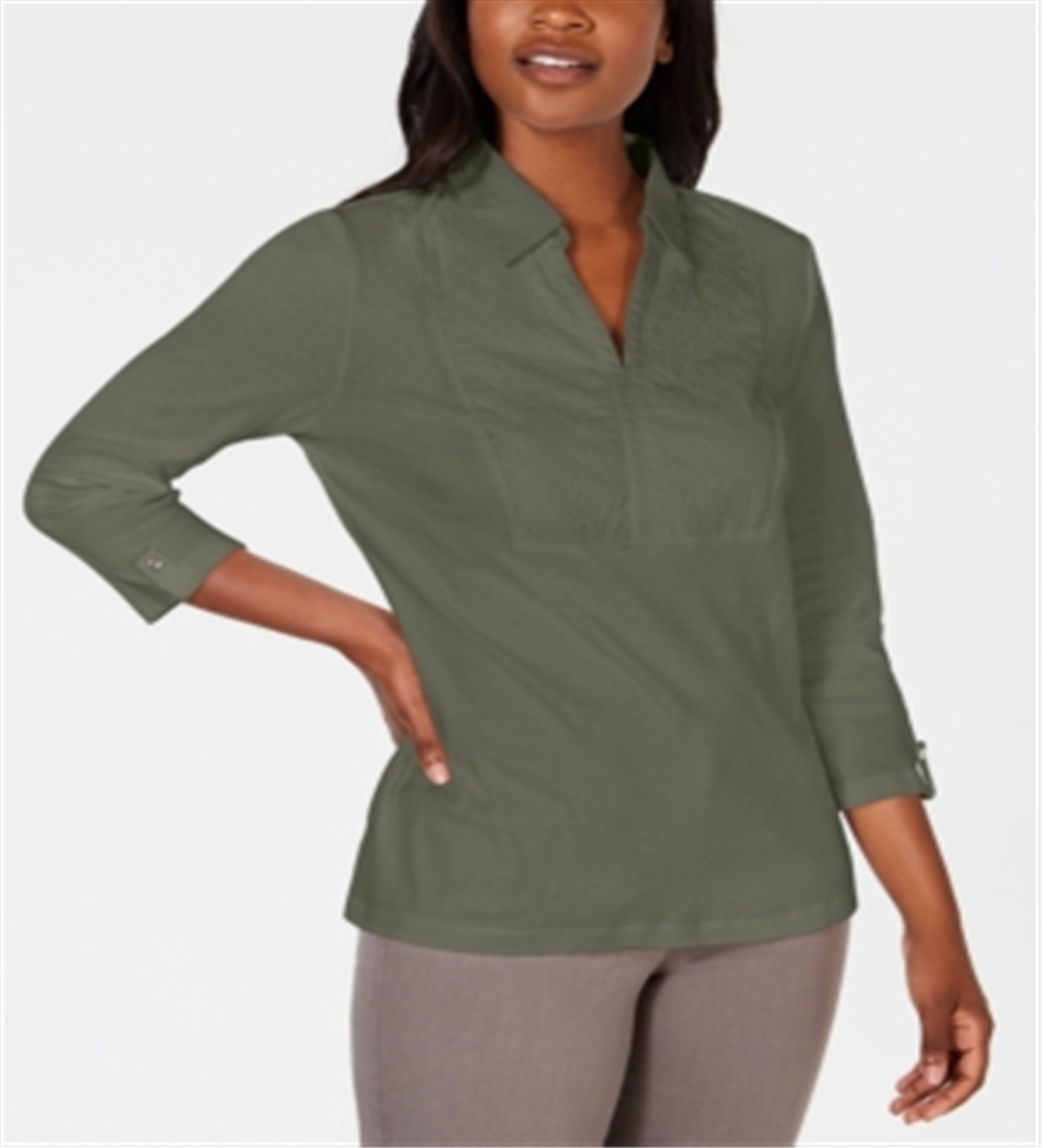 Karen Scott Women's Cotton Eyelet Yoke Top Green Size Medium