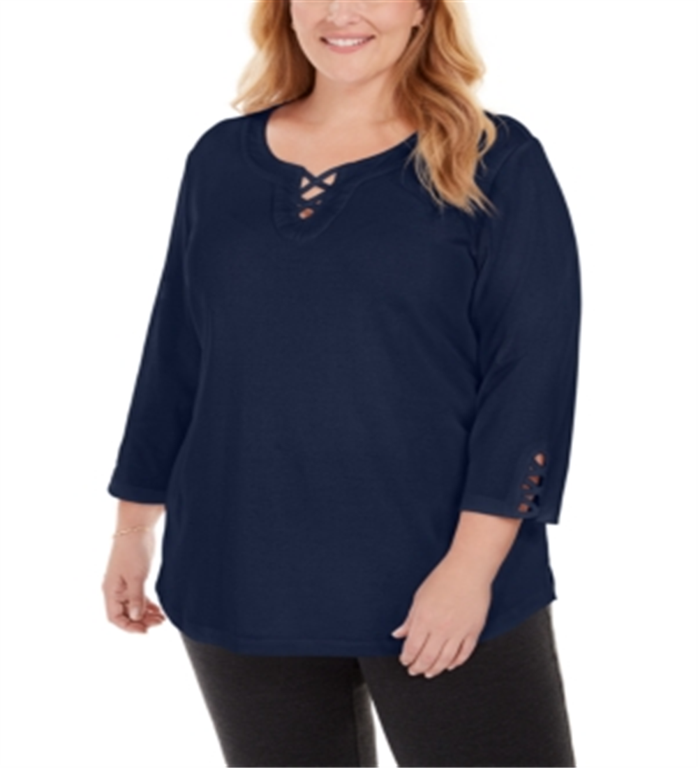 Karen Scott Women's Cotton Crisscross Trim Top Blue Size 0X