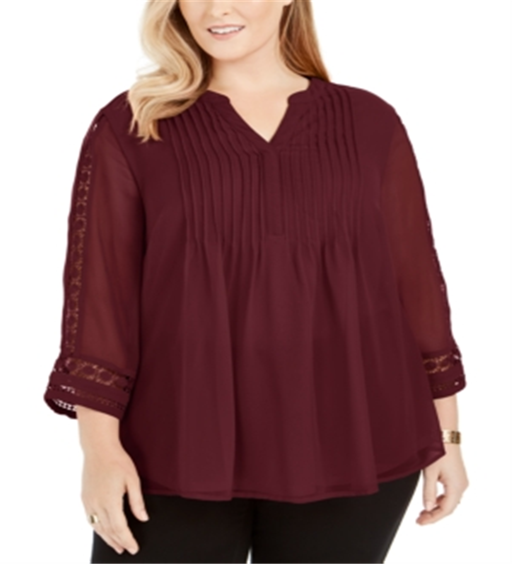 Charter Club Women's Pintuck Front Lace Sleeve Top Red Size 3X