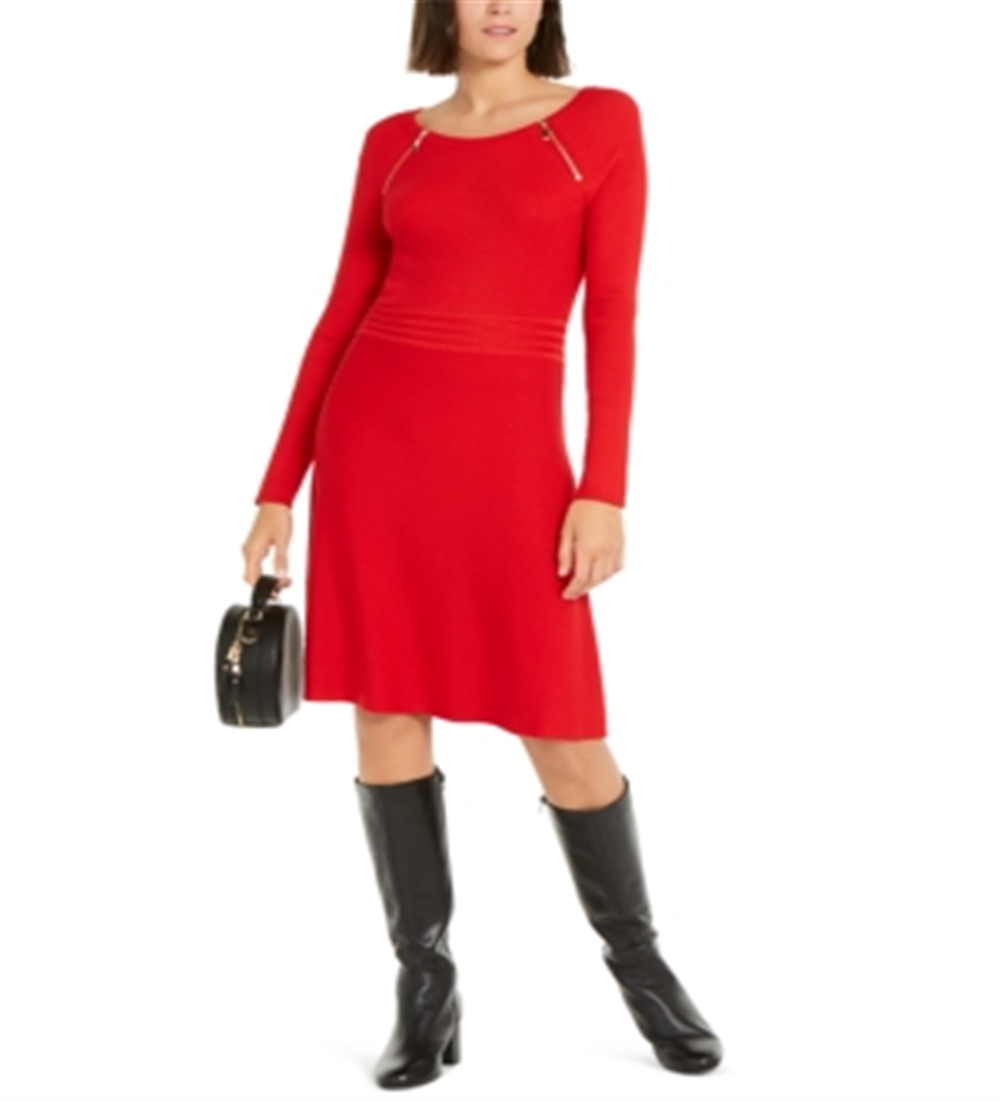 INC International Concepts Women's Zip Detail Fit & Flare Sweater Dress Red Size XX-Large