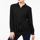 INC International Concepts Women's Knot Front Long Sleeves Button Down Top Black Size Medium