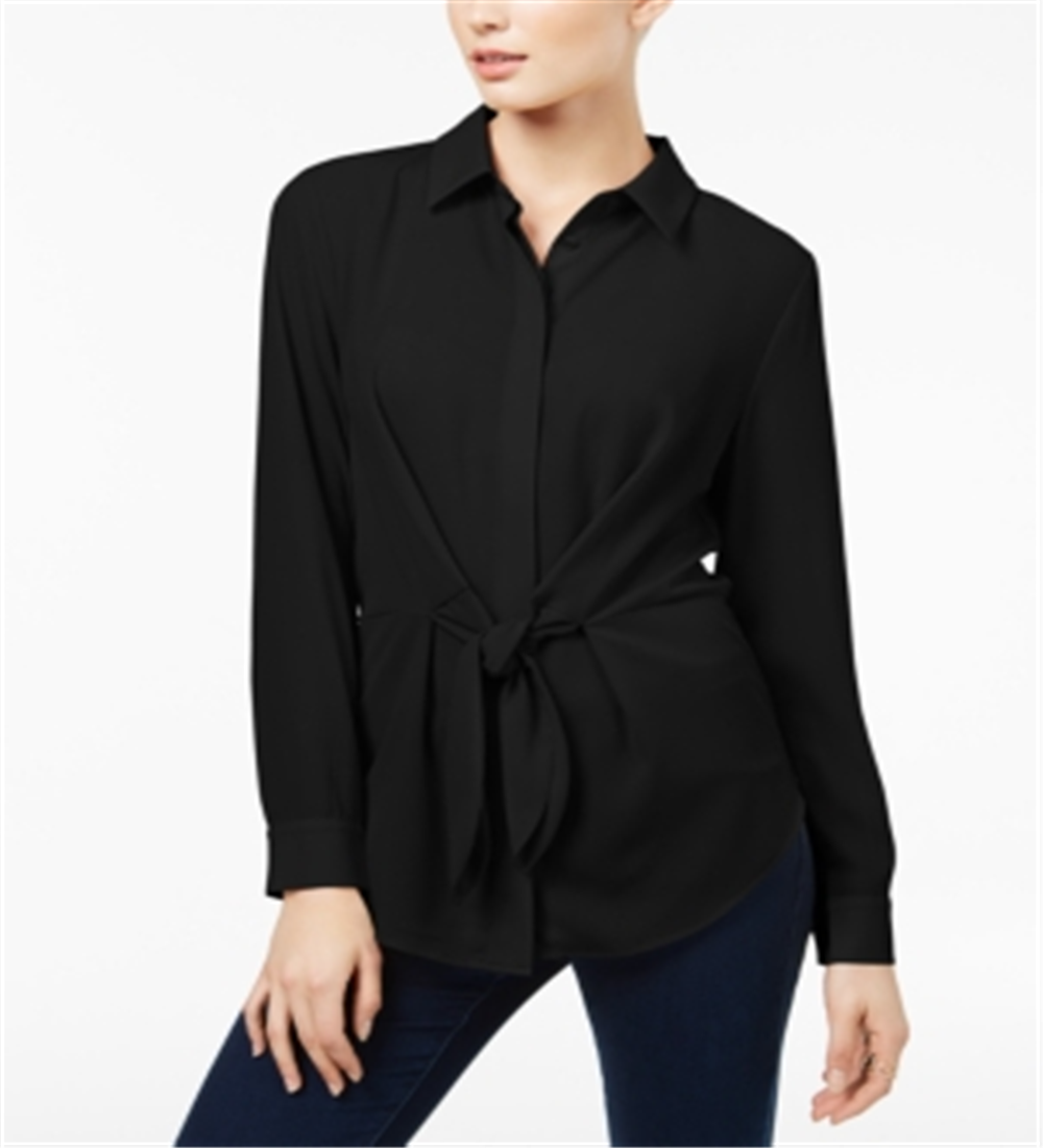 INC International Concepts Women's Knot Front Long Sleeves Button Down Top Black Size Medium