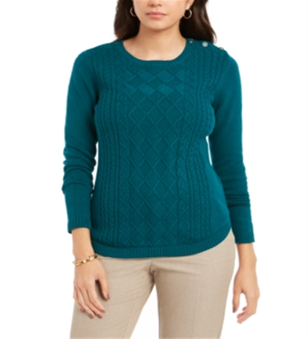Charter Club Women's Printed Long Sleeve Jewel Neck Top Green Size Petite Medium