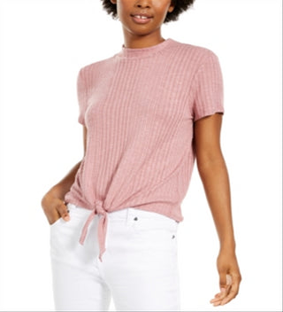 Pink Rose Junior's Mock Neck Tie Front Ribbed Top Pink Size Large