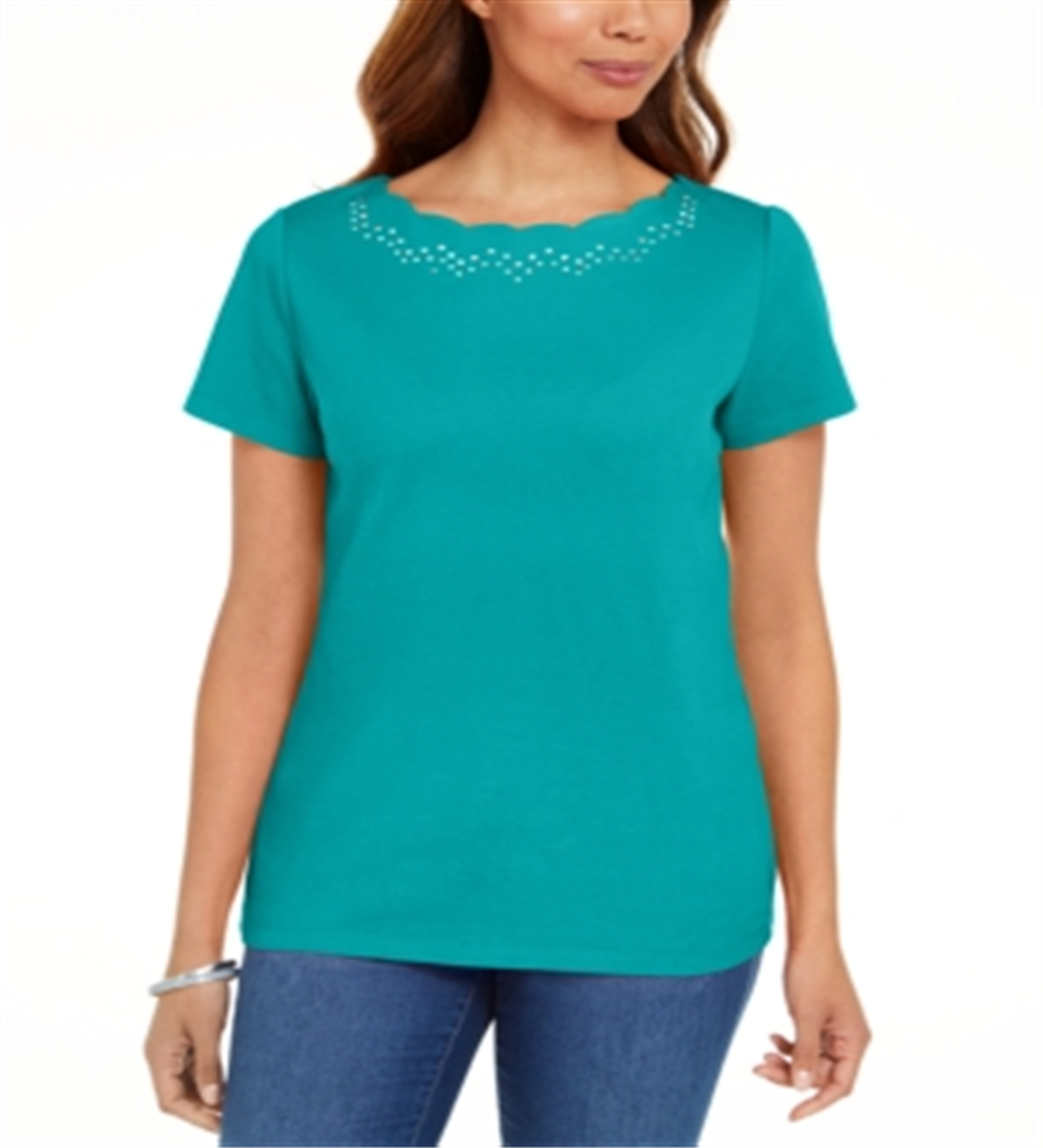 Karen Scott Women's Cotton Scalloped Neck T-Shirt Green Size Medium