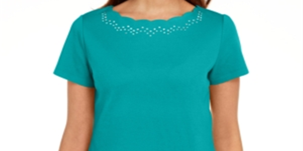 Karen Scott Women's Cotton Scalloped Neck T-Shirt Green Size Medium