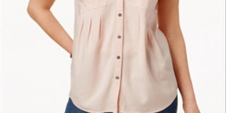 Style & Co Women's Collared Short Sleeve Henley Button up Wear to Work Top Pink Size Large