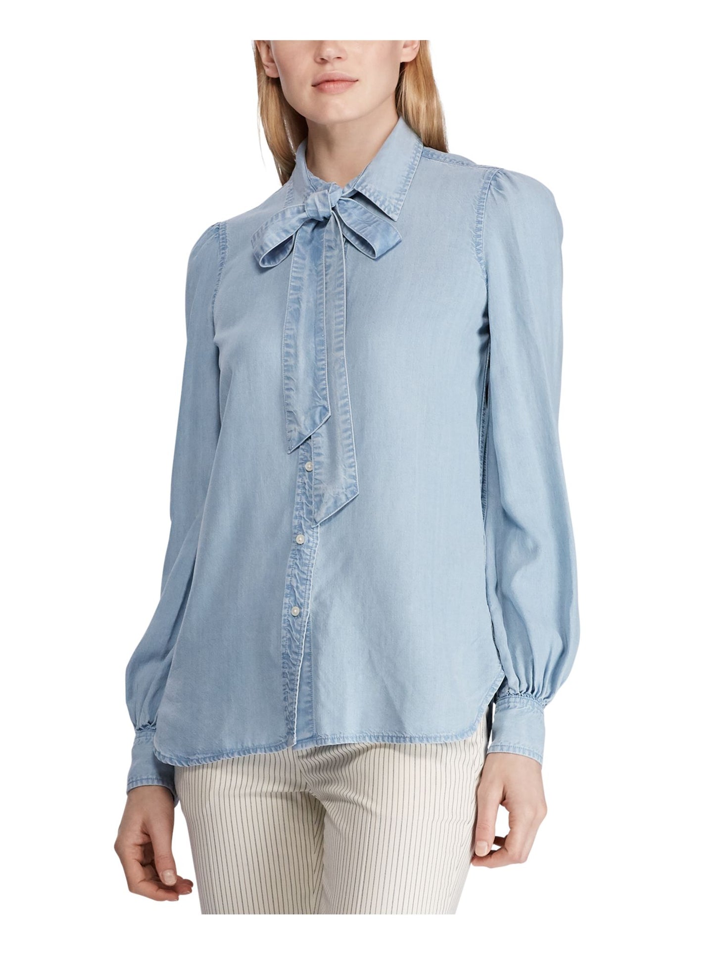 Ralph Lauren Women's Tie Neck Chambray Shirt Blue Size Large