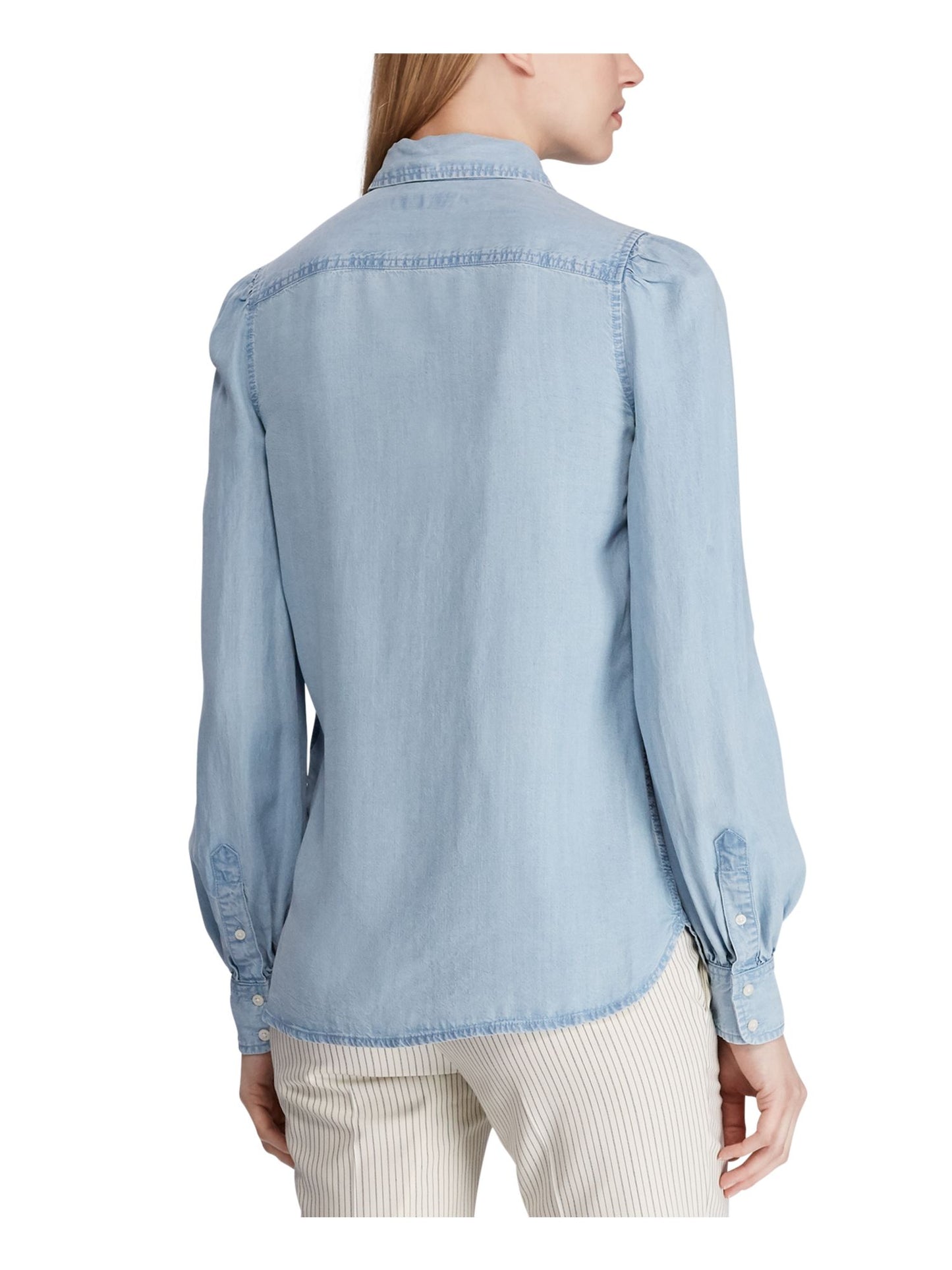 Ralph Lauren Women's Tie Neck Chambray Shirt Blue Size Large
