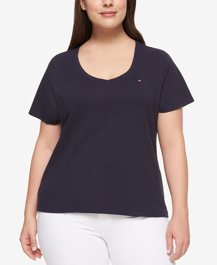 Tommy Hilfiger Women's Cotton V Neck T-Shirt Blue Size 1X