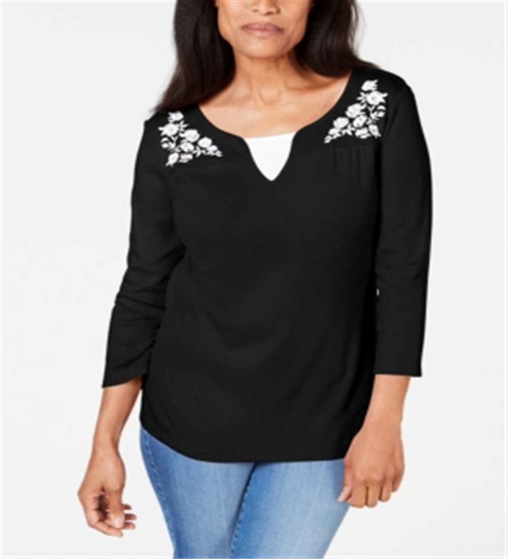 Karen Scott Women's Embroidered Cotton Layered Look Top Black Size X-Large