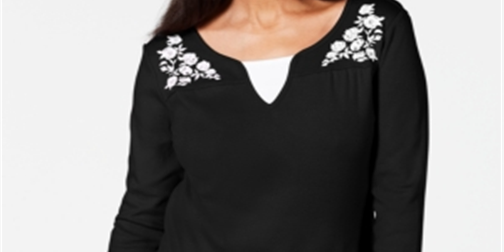 Karen Scott Women's Embroidered Cotton Layered Look Top Black Size X-Large
