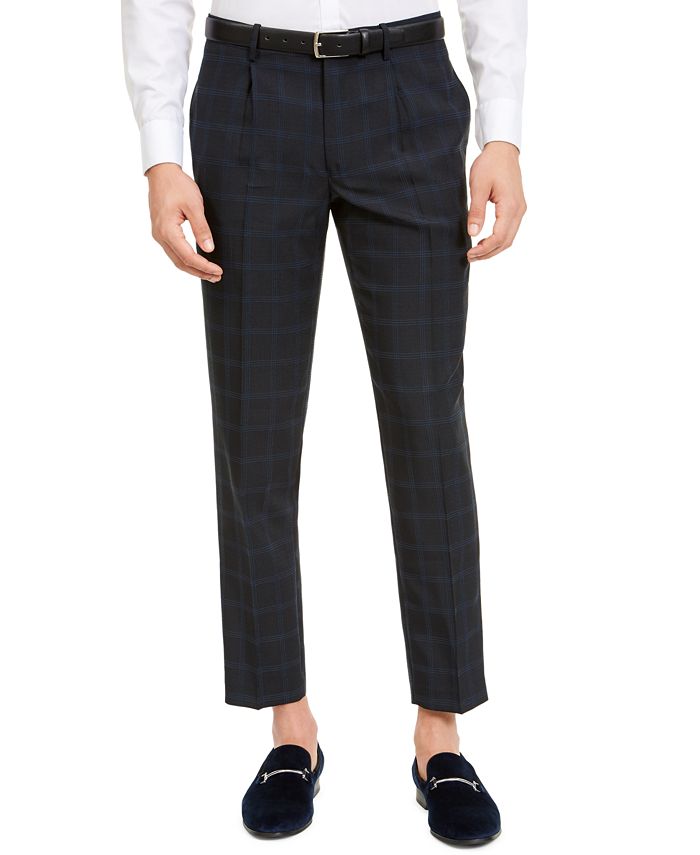 INC International Concepts Men's Slim Fit Windowpane Pleated Pants Blue Size 36W