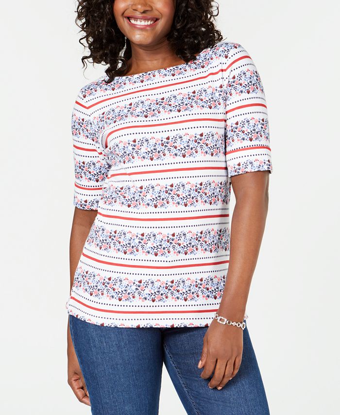 Karen Scott Women's  Printed Boat-Neck Top White Size S